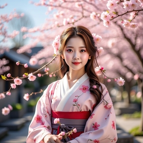 春天樱花林清纯和服美女写真图片